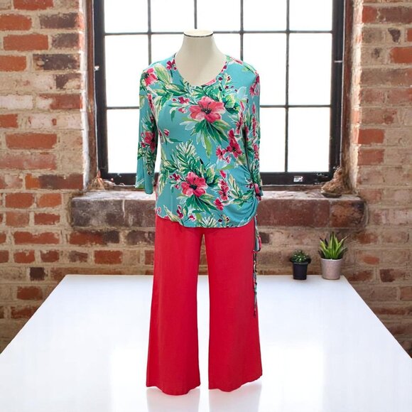 Palm Grove Floral Ruched Top XL NWT Tropical Cruise Resort Stretchy Summer Shirt - Picture 1 of 9